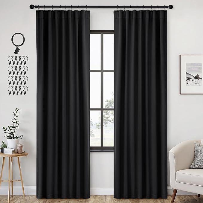 ANRODUO Back Tab Blackout Curtains for Bedroom Living Room, Rod Pocket Pinch Pleated Thermal Insulated Room Darkening Curtains 84 Inches Long 2 Panels, Black, 42 x 84 Inch