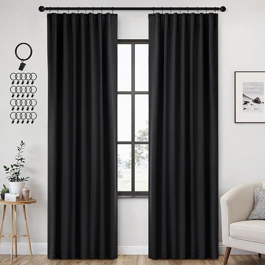 ANRODUO Back Tab Blackout Curtains for Bedroom Living Room, Rod Pocket Pinch Pleated Thermal Insulated Room Darkening Curtains 90 Inches Long 2 Panels, Black, 42 x 90 Inch