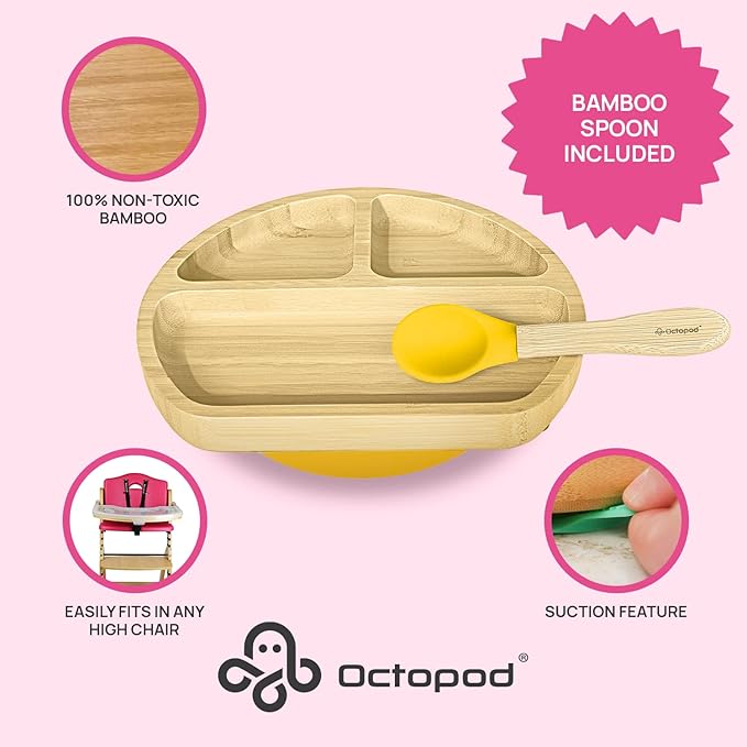 Abiie Octopod Bamboo Dish - Kids Plates for 4 months and up, 3-Compartment Baby Plates with Suction, Triangle Bamboo Baby Plate, Mess-Free Toddler Suction Plates, Baby Feeding Supplies, 8.3x1.9x7.7 in