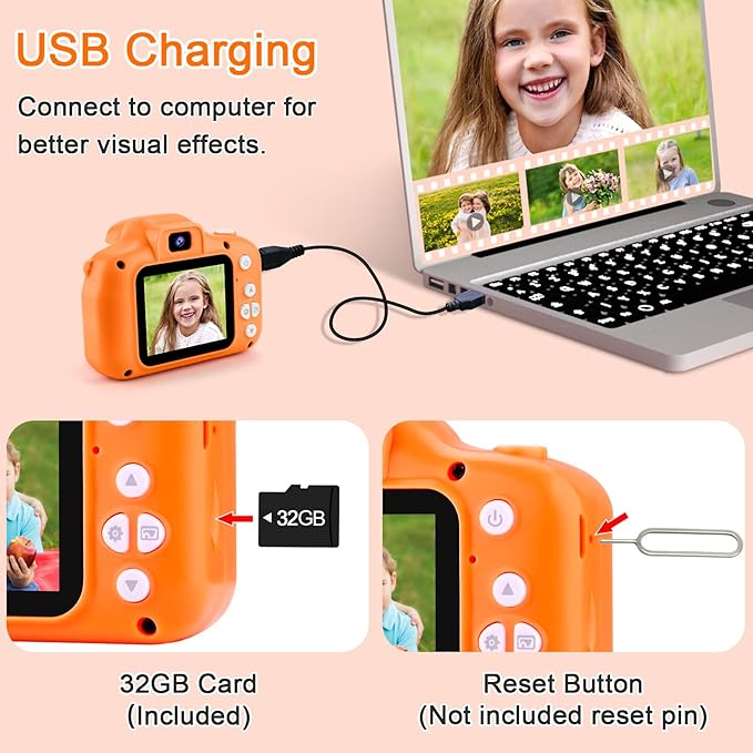 GKTZ Toys for Girls Age 3-8, Kids Camera Digital Video Toddler Camera Children Camcorder Birthday Gifts for 3 4 5 6 7 8 Year Old Girls with 32GB SD Card
