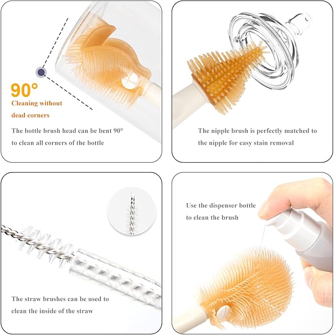 HOEREV Portable Baby Silicone Bottle Brush Set Include Pacifier Brush, Straw Brush, draining Rack, Portable Box