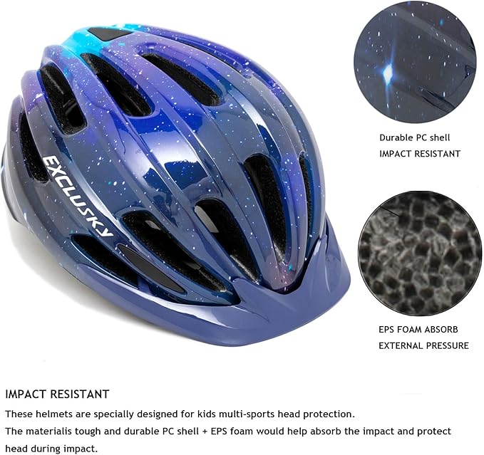 Exclusky Kids Bike Helmet with LED Light – Adjustable Multi-Sport Youth Helmet for Boys & Girls, Ages 5-12, Fits 50-57cm, Cycling Safety Gear