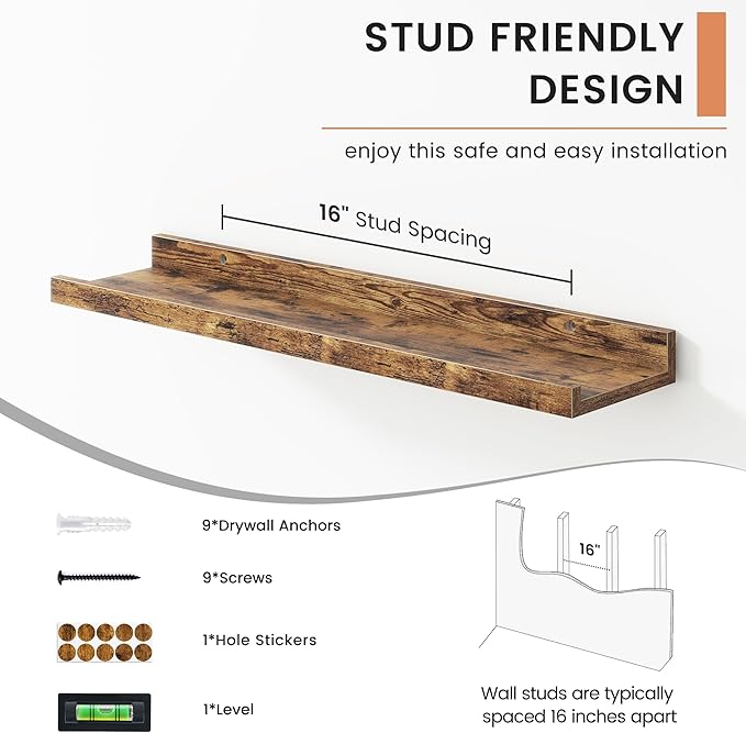 Floating Picture Ledge Shelves for Wall Set of 4, 24 Inch Wall Shelves with Lip Long Large Nursery Book Shelf for Toys Storage Kids Bookshelf Wall Mounted Living Room Bedroom Decor Frames