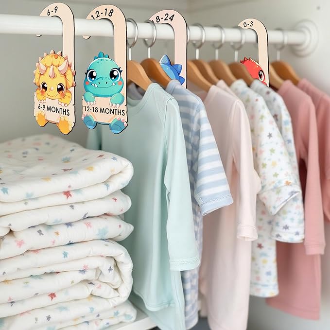Baby Clothes Dividers for Closet - Wooden Baby Size Closet Dividers Newborn to 24 Months, Unique Dinosaur Design Babies Clothes Organizer for Nursery Decor Gender-Neutral Newborn Hangers (Set of 8)