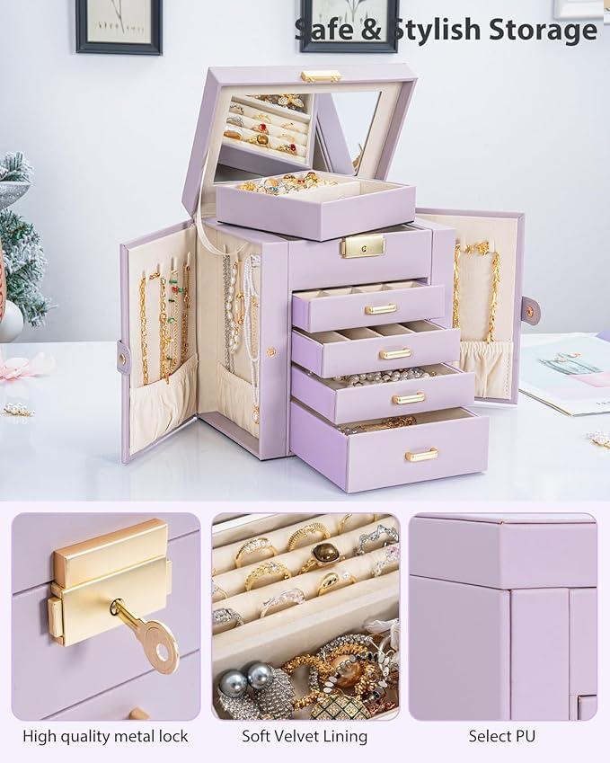 AKOZLIN 5-Tier Jewelry Box Leather Jewelry Storage Organizer with 4 Drawers Lockable for Women Girls Ring Necklace Earring Bracelet Watches Holder with Mirror Purple