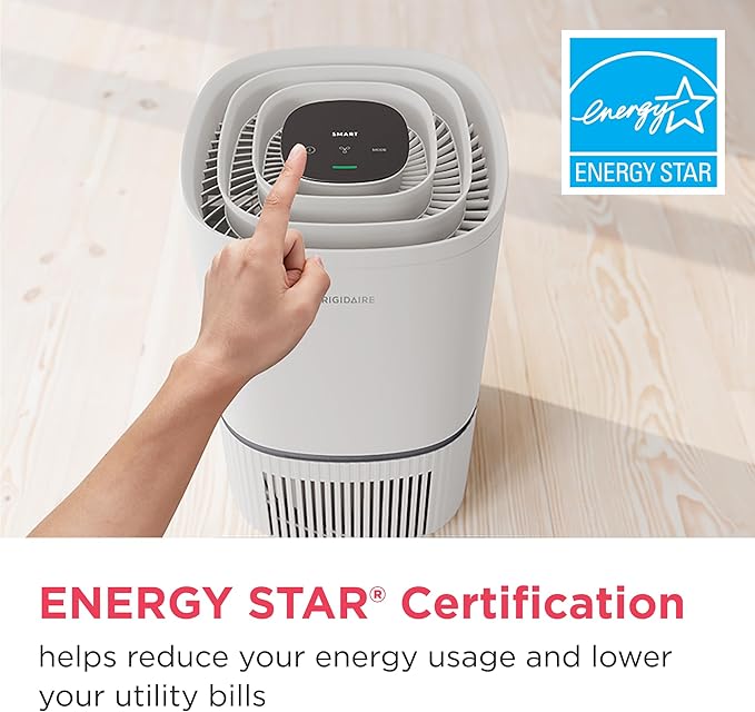 Frigidaire PureA300 HEPA Air Purifier for Small Bedrooms, Covers up to 850 Sq. Ft., 3-Stage Filtration, Energy Star Certification, Air Quality Monitoring, Smart Mode, Ultra Quiet, White