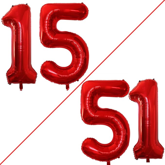 GOER Number 15 Balloons for 15th Birthday Sweet 15 Party Decorations,42 Inch Jumbo Foil Helium 51 Balloons for 51st Birthday Party Decoration (Red)
