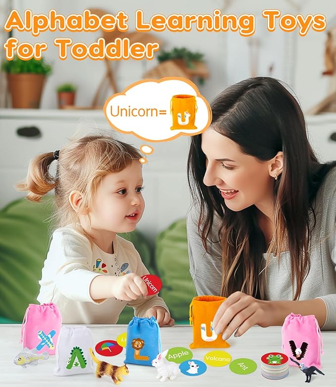 Alphabet Learning Toys for Toddlers, Word Work Small Group Set with 104 Phonics Flash Cards and 26 Animal Figurines, Fun Education Classroom Supplies Alphabet Sounds Teaching Games for Kids
