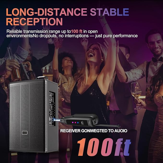 Aveek 2.4GHz Wireless Microphone System, 2 Rechargeable Mics and Receiver, Plug & Play for Karaoke Machine, Party Speakers, Home Entertainment, Wedding & Events - Crystal Clear Sound, 100ft Range