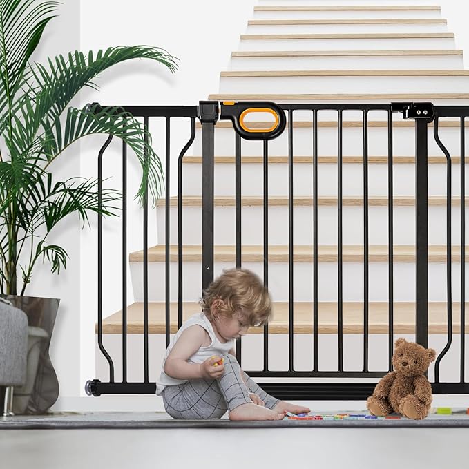 Gate for Baby Indoor 29-57'' Wide, Adjustable Safety Gate for Stairs No Drilling Baby Gate with Door Pet Pressure Mount Gate for Kids Dogs Extension Kit Stairway Doorway Black (30.5'' Tall)
