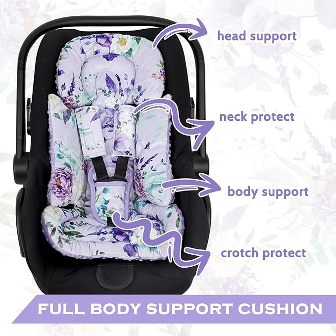Infant Car Seat Insert and Strap Covers, Very Soft Car Seat Head Support Baby Girl Boy, Reversible Newborn Carseat Insert Cushion Fits for Stroller, Baby Swing, Bouncer (Purple Floral)