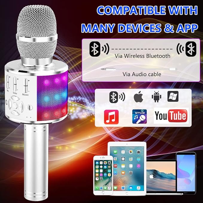 Amazmic Kids Karaoke Microphone Machine Toy Bluetooth Microphone Portable Wireless Karaoke Machine Handheld with LED Lights, Gift for Children Adults Birthday Party, Home KTV(Silver)