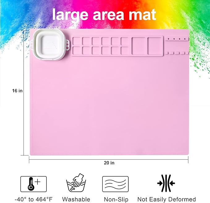 AWOKE Silicone Painting Mat for Table Protection - 20"X16" Washable Art Mat with 1 Water Cup for Kids - Craft Mat has 12 Color Dividers - 2 Paint Palettes (Pink), Toddler Activities, Girl Boy Gifts