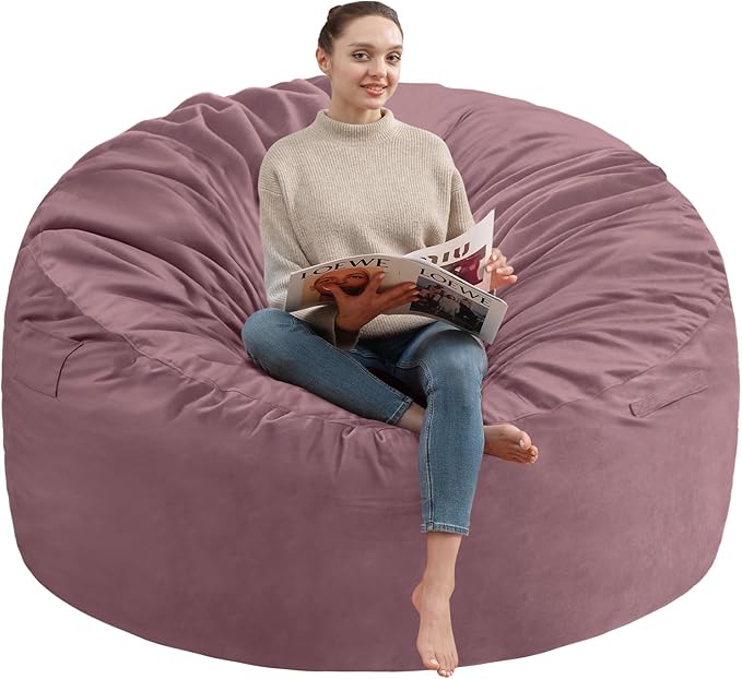 4FT Bean Bag Chair, Large Bean Bag Chairs with Memory Foam Filled, Fluffy Beanbag Sofa with Dutch Velvet Cover, Round BeanBag Chairs for Living Room, Playroom - Dusty Pink