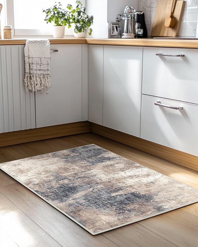 AMADA HOMEFURNISHING Washable Entry Rug, 2x3 Modern Abstract Rug with Short Pile and Non-Slip Backing, Small Rug with Abstract Pattern for Entryway, Kitchen and Living Room, Brown