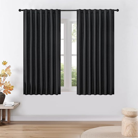 Joydeco Faux Linen Blackout Curtains for Bedroom,Black Blackout Curtains 72 inches Long,100% Blackout Solid Thermal Insulated Window Drapes Luxury Decor for Living Room（W52xL72 Inch,Black）
