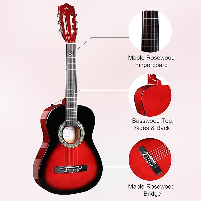 ADM Beginner Acoustic Classical Guitar Nylon Strings Wooden Guitar Bundle Kit for Kid Boy Girl Student Youth Guitarra Online Lessons with Gig Bag, Strap, Tuner, Strings, Picks (34 Inch, Redburst)