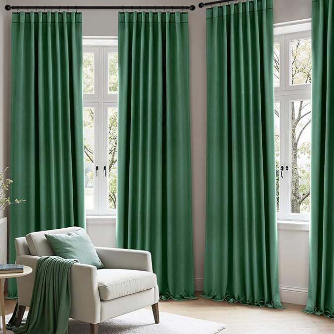 ANRODUO Back Tab Blackout Curtains for Bedroom Living Room, Rod Pocket Pinch Pleated Thermal Insulated Room Darkening Curtains 96 Inches Long 2 Panels, Hunter Green, 42 x 96 Inch
