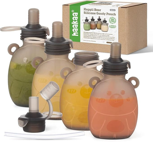Haakaa Happii Bear Silicone Goody Pouch,Reusable Baby Food Pouches for Homemade Organic Purees, Juices, Smoothies, and Yogurt - Perfect for Toddlers and Kids - 4 Pack, 6oz