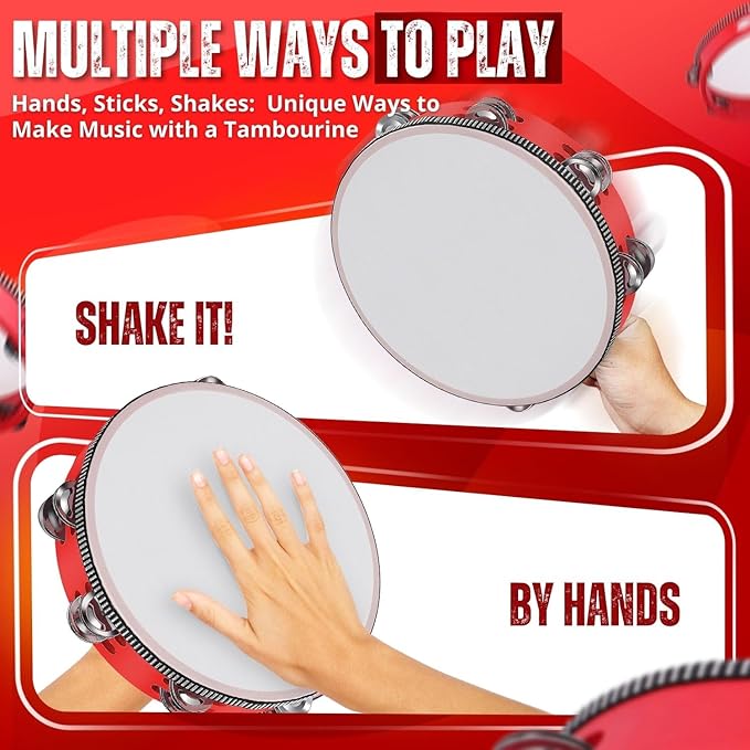 Flexzion Wood Handheld Tambourine (2 Pack) 8 Inch Double Row 12 Pair Jingles, Hand Held Percussion Drum Moon Musical Instrument with Metal Bell