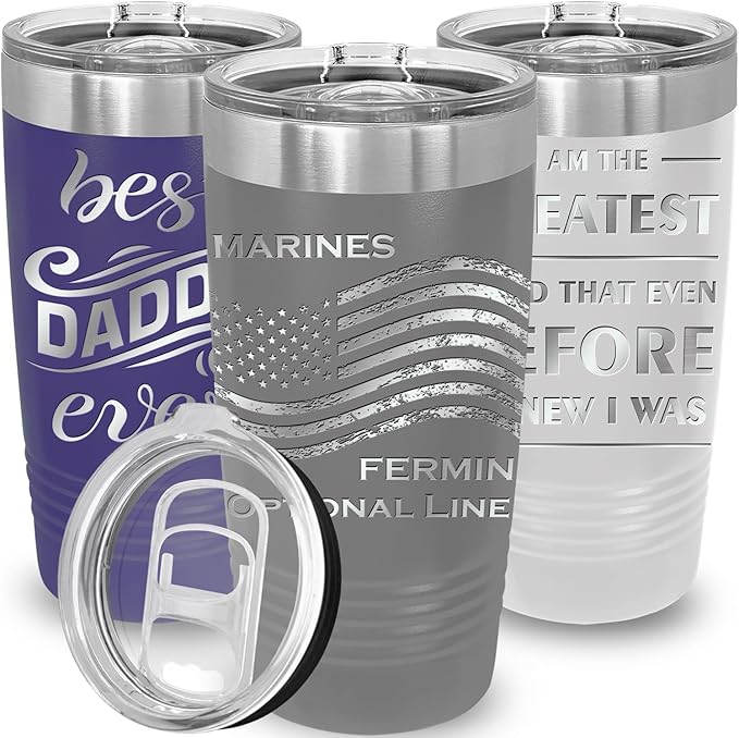 iProductsUS Personalized Tumbler for Men, Insulated Stainless Steel Travel Coffee Mug, Laser Engraved Custom Cup, Slider Lid Included, Gifts for Dad, Husband (Gray, 20oz)