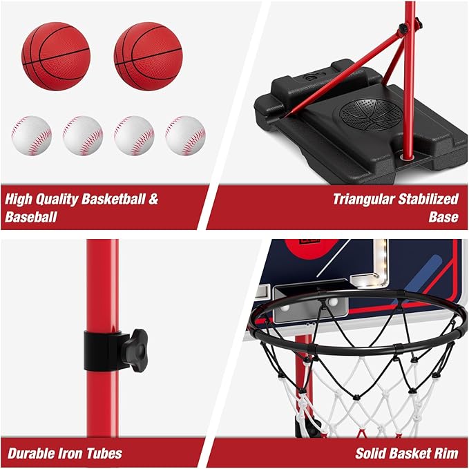 4 in 1 Kids Basketball Hoop and Tball Set for Toddlers 3-5, Basketball Goal with Scoreboard & LED, Hanging Tee Ball Stand with Baseball Pitching Machine, Indoor Outdoor Sport Toys for Boys 4-8