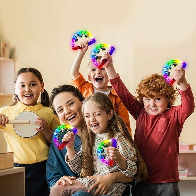 Aywewii LED Tambourine, Light Up Toys Handheld Musical Flashing Tamborine Sensory Toys Autism Toys Party Supplies for Birthday Anniversaries Gifts for Kids Adults Teens (6 Pack)