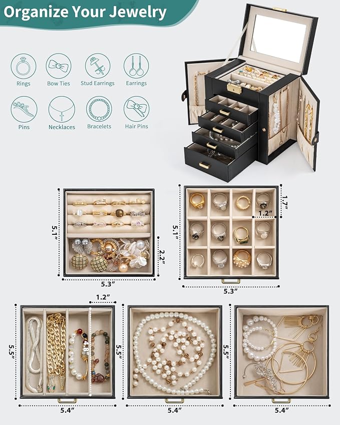 AKOZLIN 5-Tier Jewelry Box Leather Jewelry Storage Organizer with 4 Drawers Lockable for Women Girls Ring Necklace Earring Bracelet Watches Holder with Mirror Black