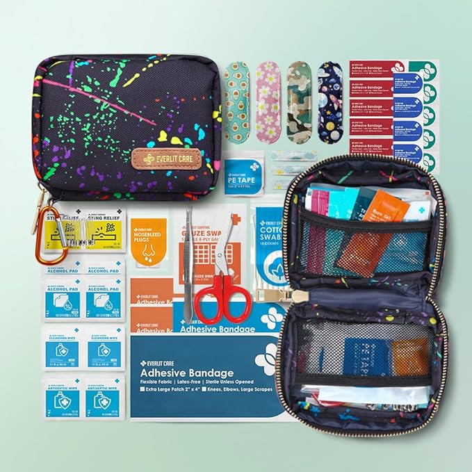 EVERLIT Mini Rescue Pack | 105 Medical Essentials Organized in Portable Storage Bag | Pocket Size Kids First Aid Kit with D Ring | Small Family-Friendly Travel Medical Kit (Splatter)
