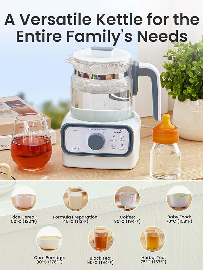 GROWNSY Baby Instant Warmer, Glass Water Boiler with Accurate Temperature Control for Formula, Coffee and Tea, 1.3 Liter Electric Kettle with LCD Display and Timer