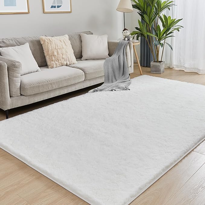 Fluffy Shag Area Rug, 4x6 White Rugs for Bedroom, Soft Plush Area Rugs for Living Room, Non-Slip Indoor Carpet for Nursery, Study Room, Dressing Room, Home Decor