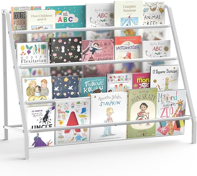 High-Transparent 4 Tier Kids Bookshelf, Sturdy Metal Large Size Book Rack Storage for Kids - Toddler Book Shelf Display for Nurasery, Kids Room, Deep Size Bookshelf Hold More Books