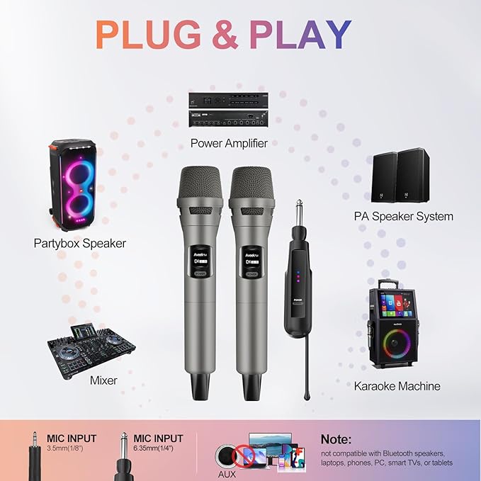 Aveek 2.4GHz Wireless Microphone System, Rechargeable Mics and Receiver, Plug & Play for Karaoke Machine, Party Speakers, Home Entertainment, Wedding & Events - Crystal Clear Sound, 100ft Range