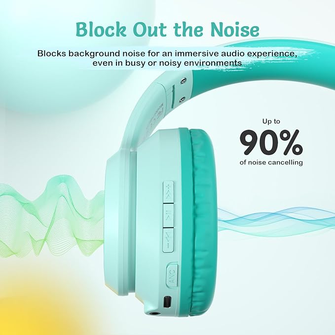 Active Noise Cancelling Kids Headphones, 60H Playtime, Wireless Bluetooth Over-Ear Headset, Built-in Microphone for Home/School/Travel/Party - Includes Portable Case
