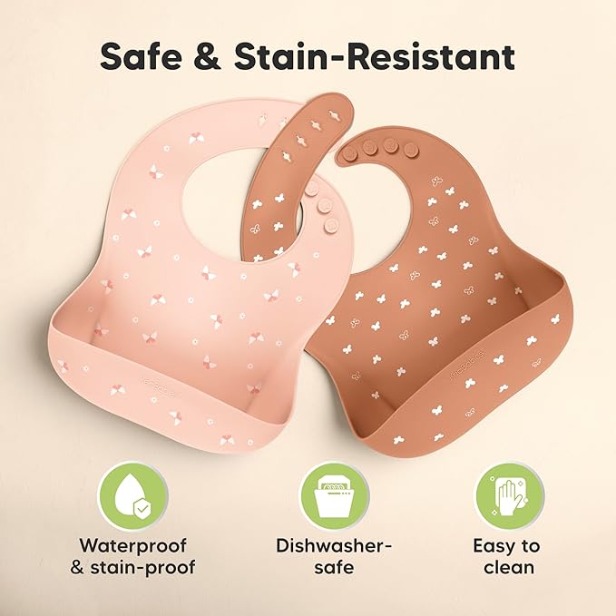 KeaBabies 2-Pack Silicone Baby Bibs for Eating - Sturdy Food-Grade Silicone Bibs for Babies Girl, Boy, Large Food Catcher, Clean & Put On Easily, Waterproof Toddler Feeding Essentials (Butterflies)