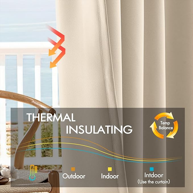 ANRODUO Back Tab Blackout Curtains for Bedroom Living Room, Rod Pocket Pinch Pleated Thermal Insulated Room Darkening Curtains 96 Inches Long 2 Panels, Cream Beige, 42 x 96 Inch