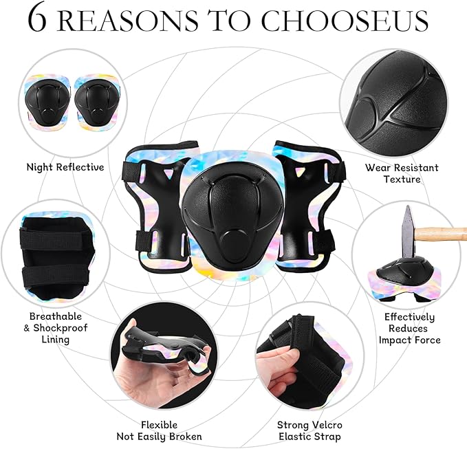 Adjustable Kids Bike Helmet with Knee & Elbow Pads Set, Color Gradient Design for Boys and Girls Aged 3-14+, for Skateboarding, Scooter, Roller & Inline Skating, Longboard