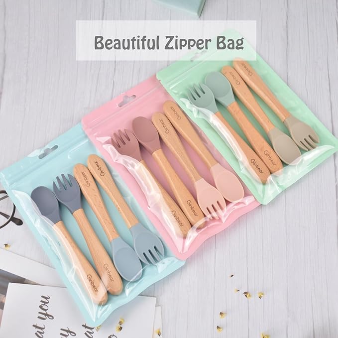 Ginbear Silicone Baby Spoons and Forks Self-feeding 12-18 Months, Soft-Tip Baby Flatware Sets for Girl, Toddler Feeding Utensils for Child, 4 Piece Set (Mauve/Pink)