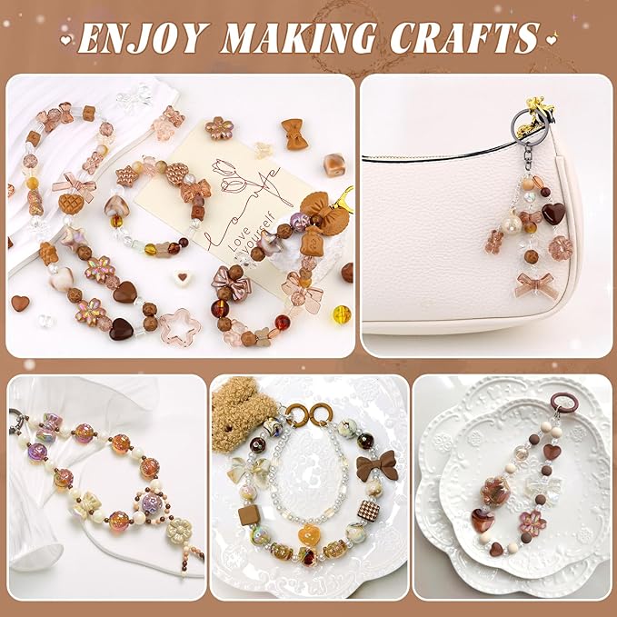 Assorted 170-230PCS Brown Acrylic Beads for Bracelet Making, Flower Bow Butterfly Candy GummyBear Aesthetic Bracelet Charms,Cute Beads for Jewelry Making DIY Necklace Keychain Phone Charm