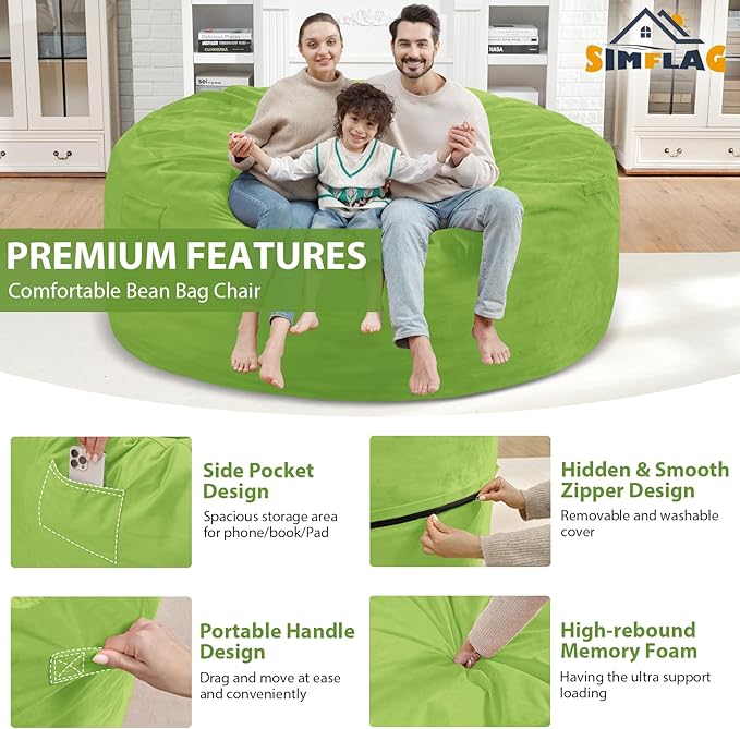 6FT Bean Bag Chair, Large Bean Bag Chairs with Memory Foam Filled, Fluffy Beanbag Sofa with Dutch Velvet Cover, Round BeanBag Chairs for Living Room, Playroom - Lime