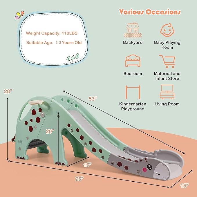 BABY JOY Toddler Slide, Kids Large Slide Play Climber Set with Long Slipping Slope, Basketball Hoop and Ball, Enclosed Steps, Easy Assemble Indoor Outdoor Backyard Freestanding Slides for Kids Age 1-8