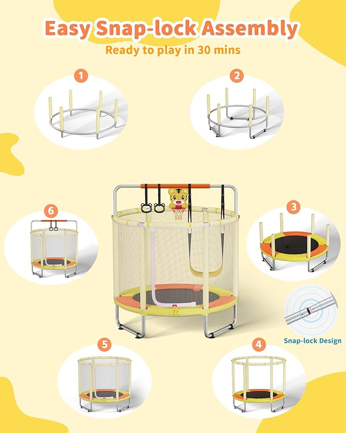 55” Trampoline for Kids, Powder-Coated Mini Trampoline for Toddlers, Indoor Outdoor Toys with Adjustable Gymnastics Bar, Swing, Basketball Hoop, Birthday Gifts for Boys & Girls Ages 1-8