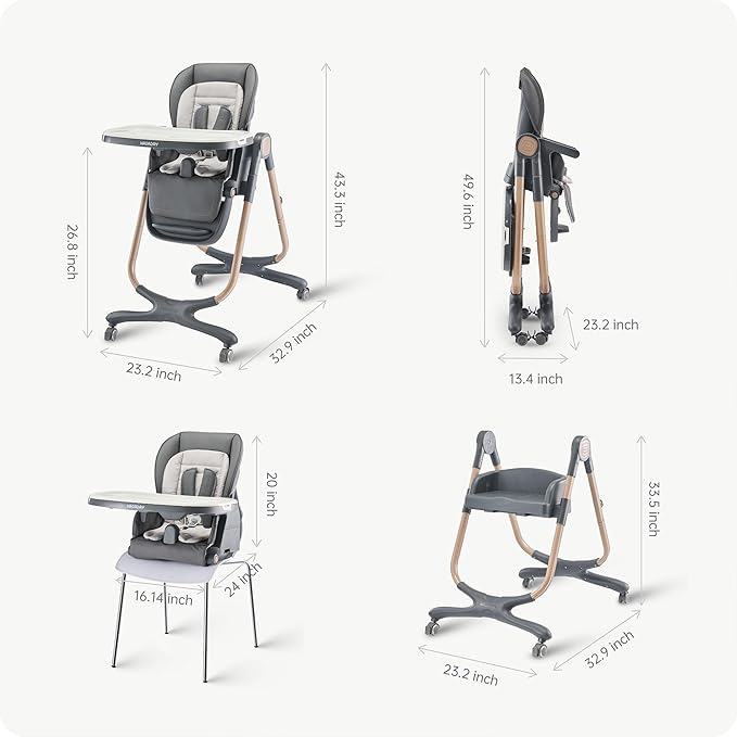 6 in 1 Convertible High Chairs for Babies and Toddlers,Portable High Chair with Dishwasher Tray and 4 Wheel,Booster Seat for Dining Table,Foldable Toddle and Baby Feeding Highchair (Gold-Grey)