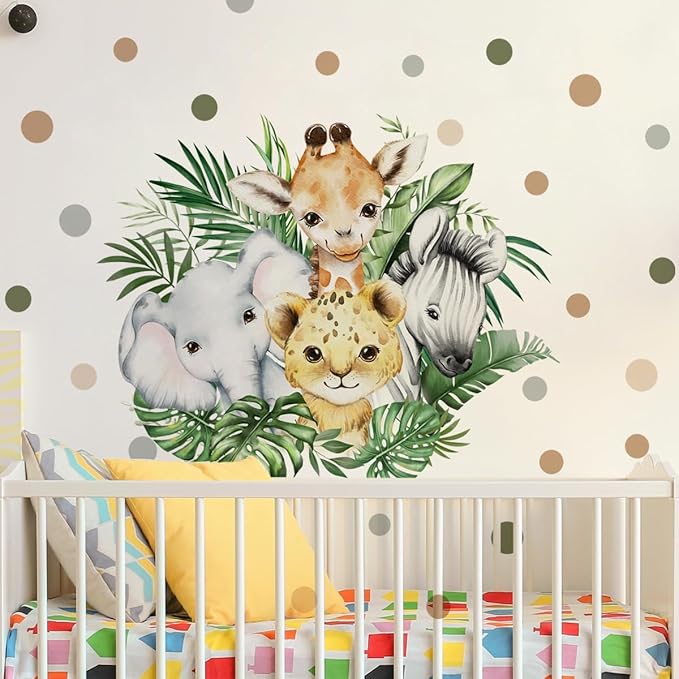 37.95x33.13 Inch Watercolor Jungle Animal Wall Decal Forest Animal Tiger Elephant Giraffe Zebra Wall Sticker Removable Safari Animal Wall Decal for Baby Nursery Playroom Bedroom Classroom Wall Decor