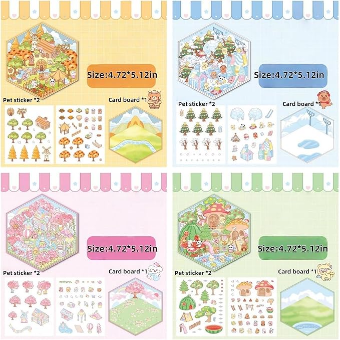 4 Sets DIY 3D House Stickers - Four Seasons Theme: Create Your Own Cute Cartoon Miniature Scene Sticker Art Kit for Kids & Adults, Stress Relief (Spring Summer Autumn Winter Theme)
