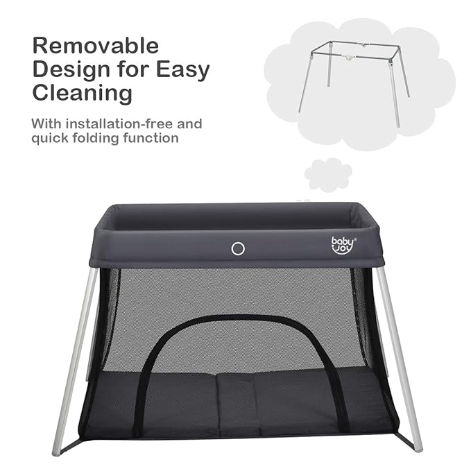 BABY JOY Baby Foldable Travel Crib, 2 in 1 Portable Playpen with Soft Washable Mattress, Side Zipper Design, Lightweight Installation-Free Home Playard with Carry Bag, for Infants & Toddlers (Grey)