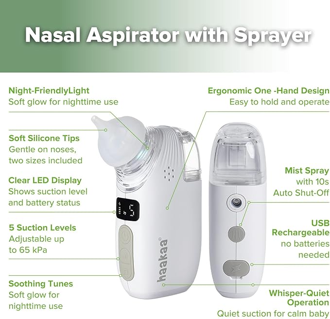 Haakaa Nasal Aspirator for Baby, 2-in-1 Electric Baby Nasal Aspirator with Sprayer – Baby Nose Sucker, Nose Sucker for Baby – 5 Adjustable Suction Levels up to 65kPa, Quiet, Music & Lights