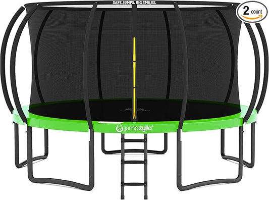 JUMPZYLLA Trampoline Outdoor 8FT 10FT 12FT 14FT 15FT 16FT with Enclosure and Ladder, ASTM Approved Recreational Trampoline for Kids and Adults, Anti-Rust Coated Frame