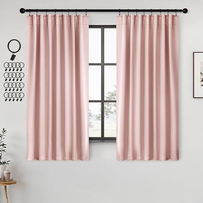 ANRODUO Light Pink Blackout Curtains for Girls Bedroom Living Room, Back Tab Rod Pocket Pinch Pleated Thermal Insulated Room Darkening Curtains 63 Inches Long 2 Panels, 42 x 63 Inch