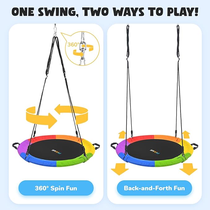Hapfan 40" Saucer Tree Swing for Kids and Adults, Disc Round Swing for Kids Outdoor with Swivel, UV-Resistant Textilene Fabric, 700 lb Weight Capacity, 9.8 FT Hanging Straps, 2-Year Warranty (Rainbow)